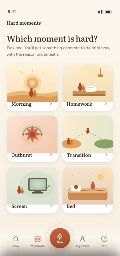 Beside app, the Moments screen: pick the hard moment you are in