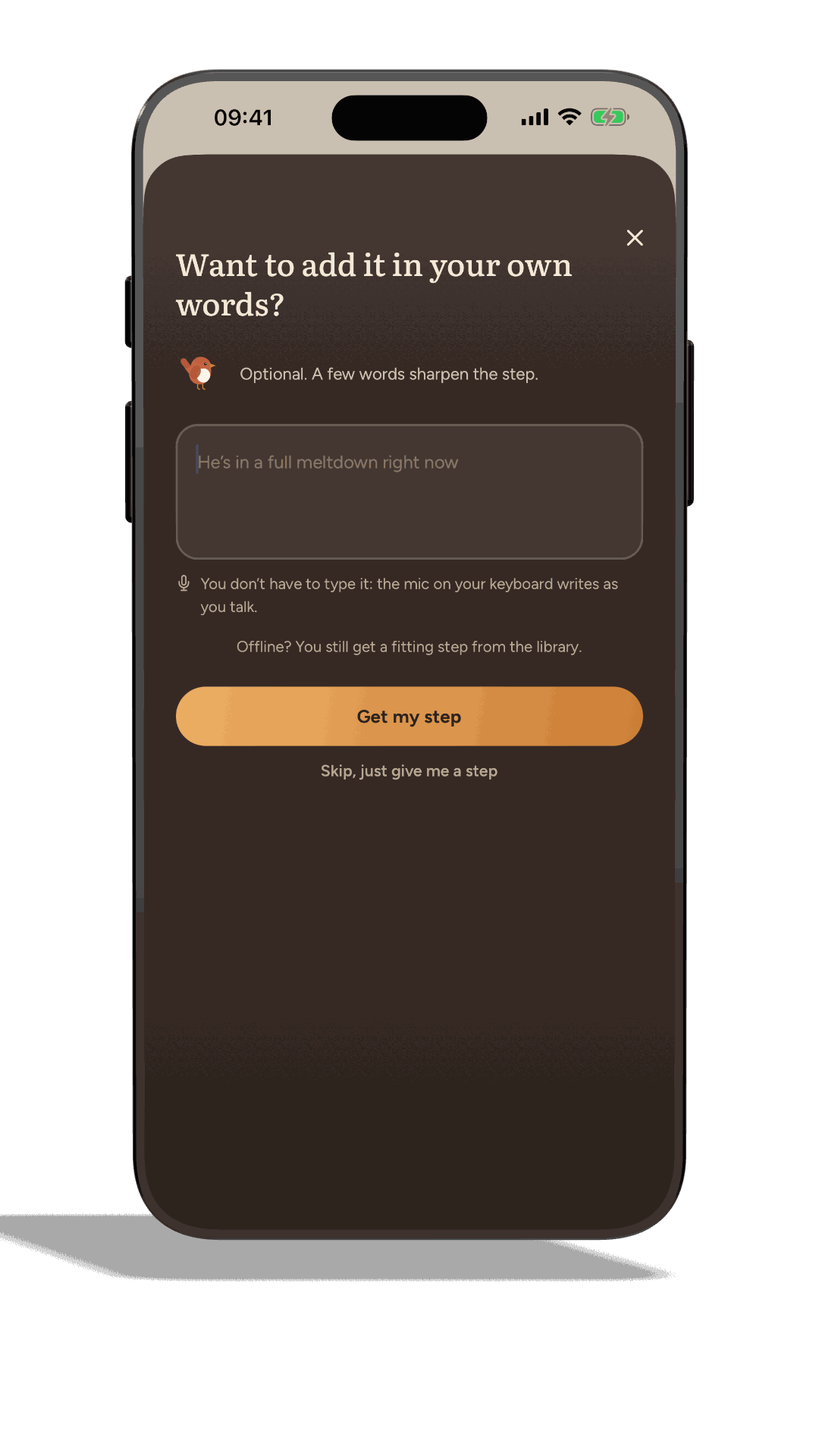 The Beside app, the dark Help me now screen where you describe the moment in your own words