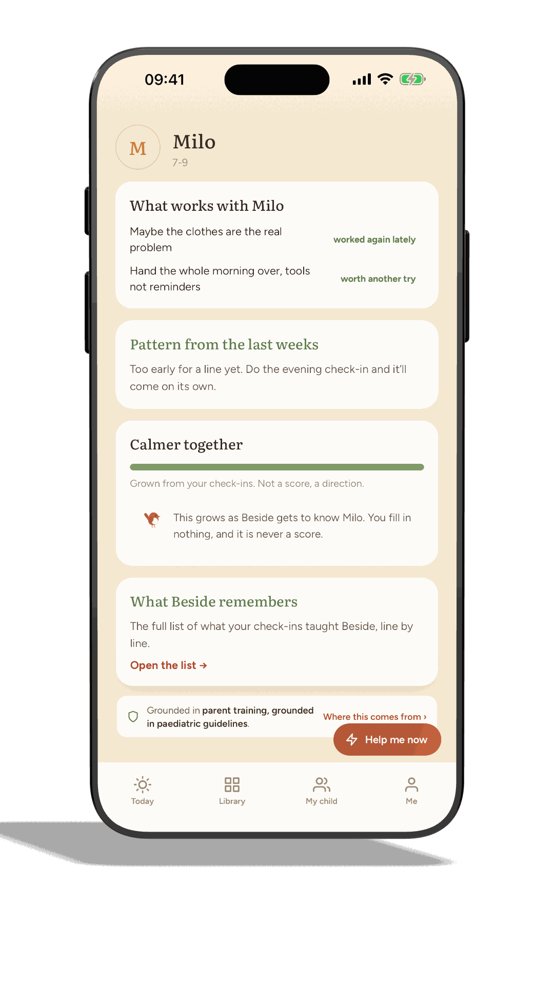 The Beside app, the My child tab with what has worked so far