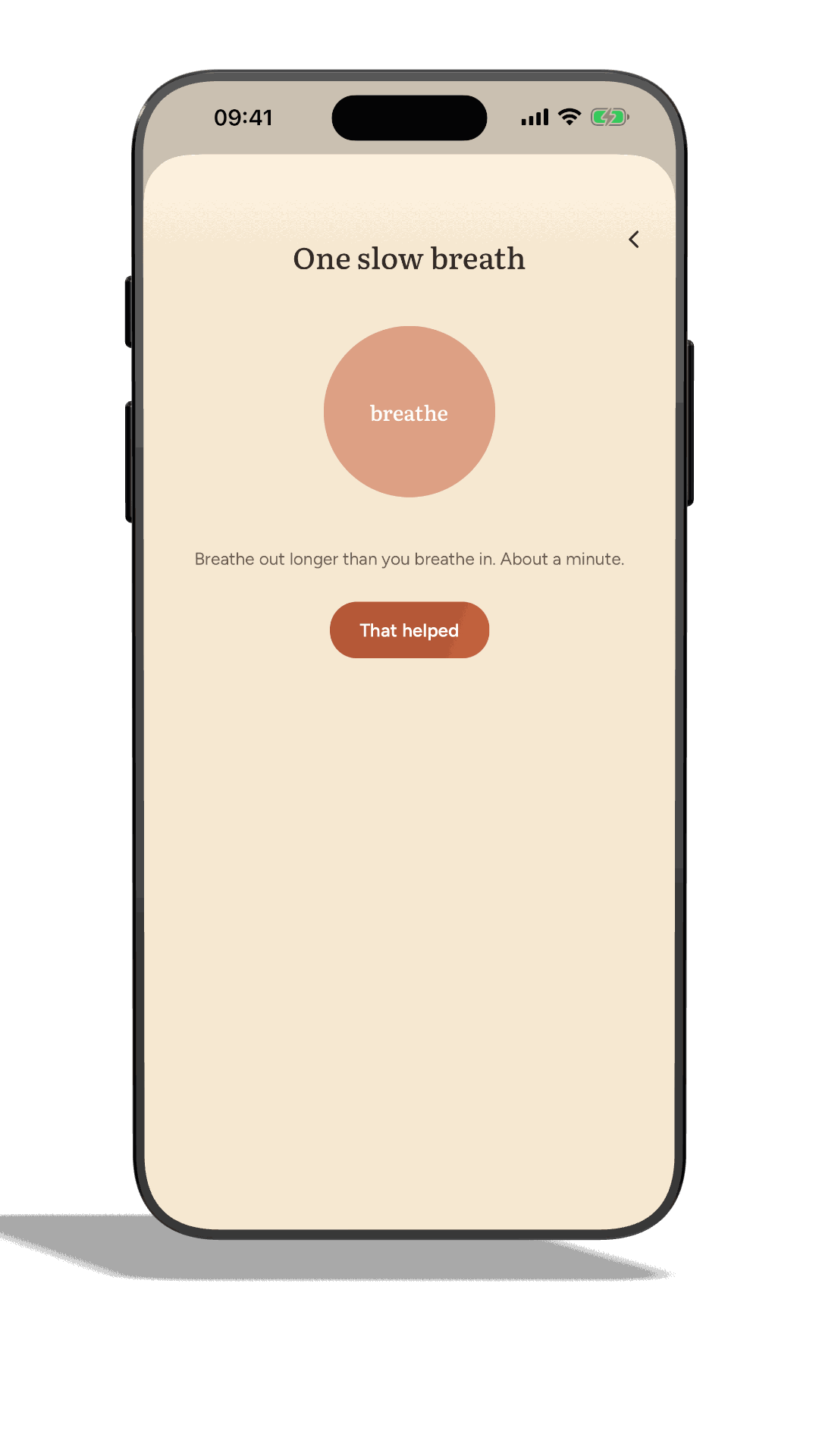 The Beside app, the One slow breath exercise: one calm instruction and a breathing circle