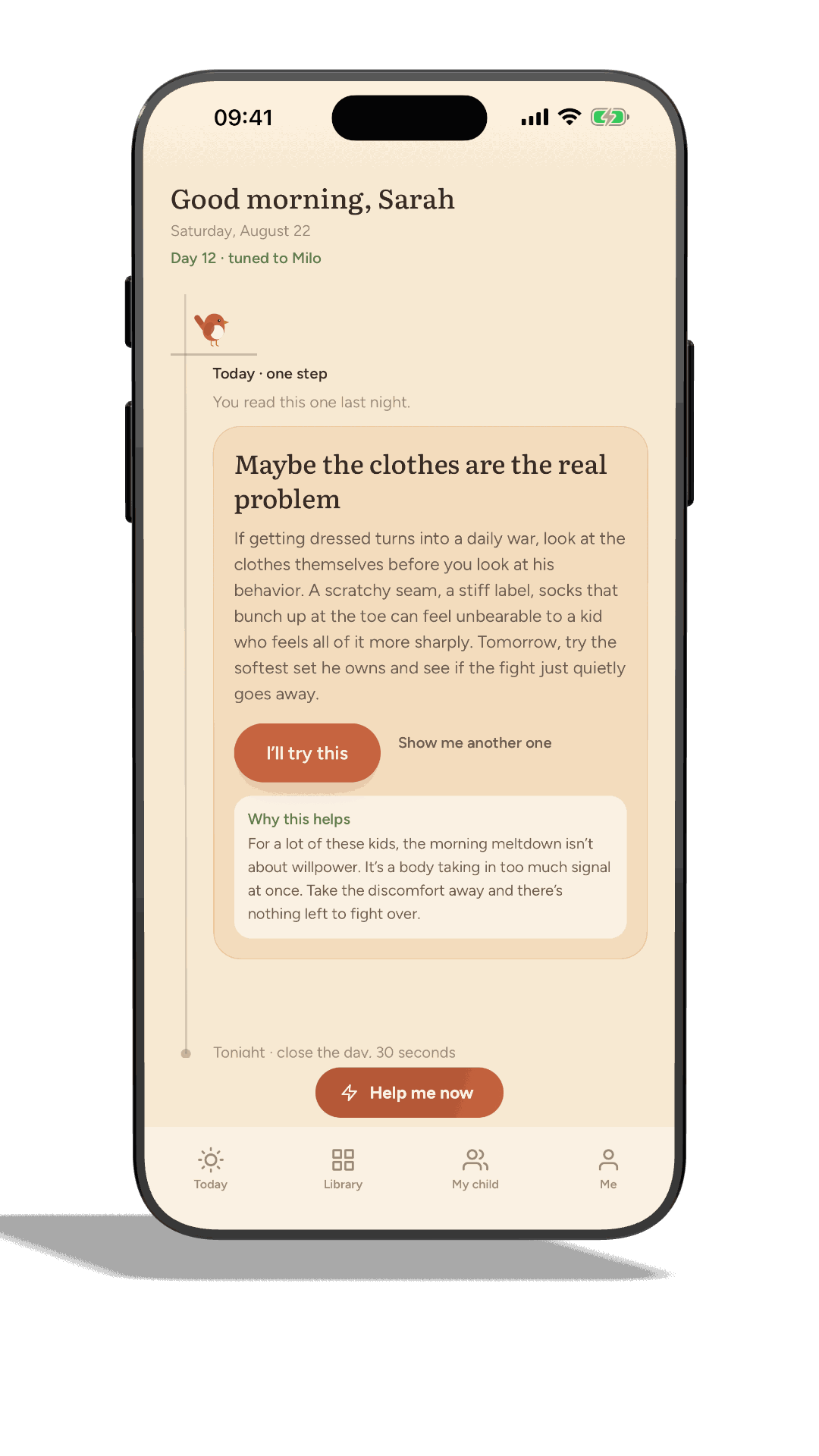 The Beside app on a phone, showing the Today screen with one step ready